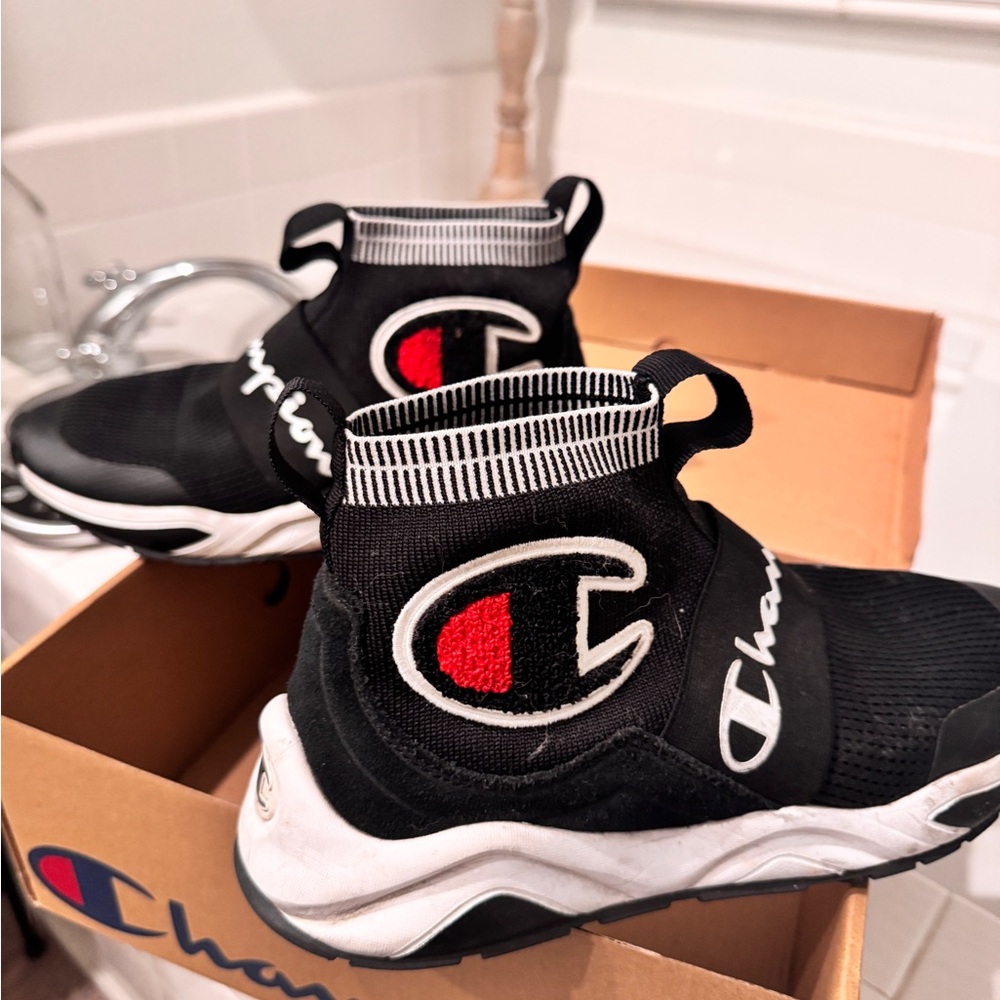 Champion Black and White High-Top Sneakers with Red Accent